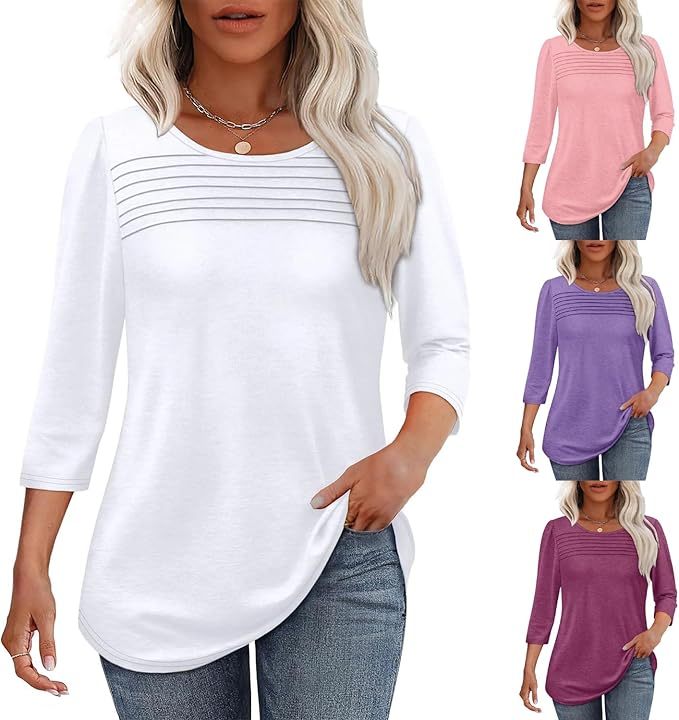 NEW🔥 2025 Women's 3/4 Length Sleeve Top Pleated Front T-Shirt