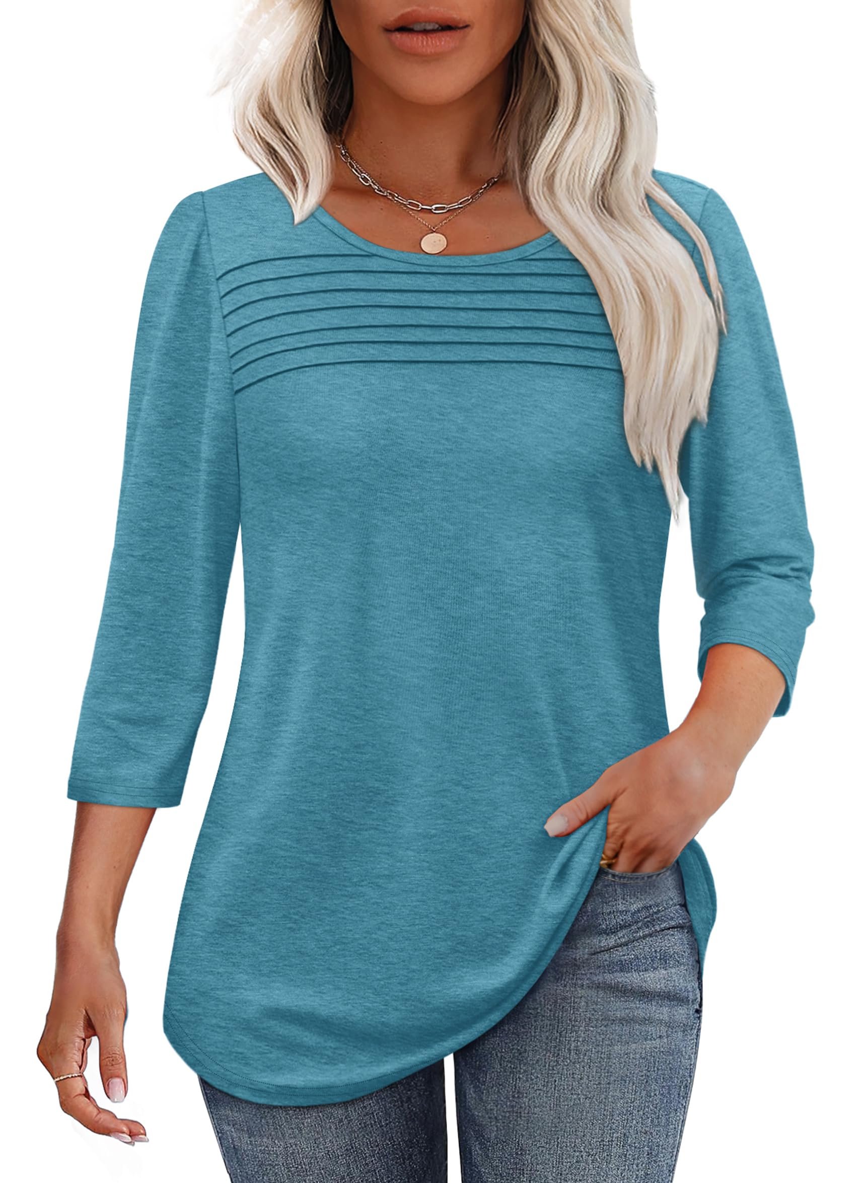 NEW🔥 2025 Women's 3/4 Length Sleeve Top Pleated Front T-Shirt