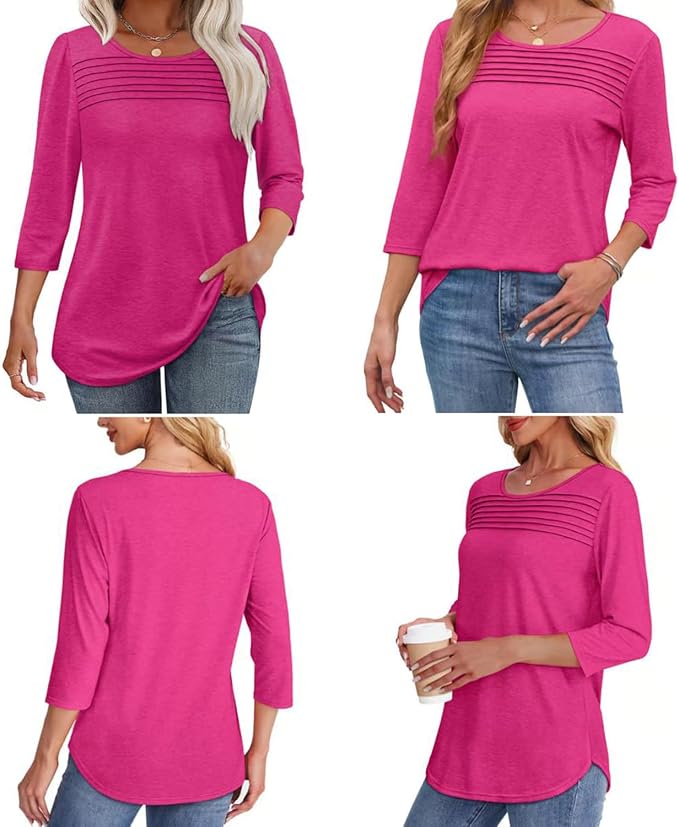 NEW🔥 2025 Women's 3/4 Length Sleeve Top Pleated Front T-Shirt