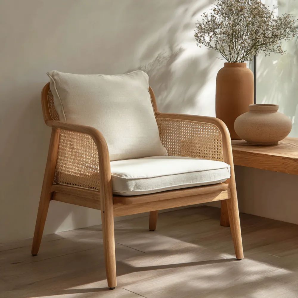 Rattansessel mit Kissen - Holz Natur - 78x70x80 cm