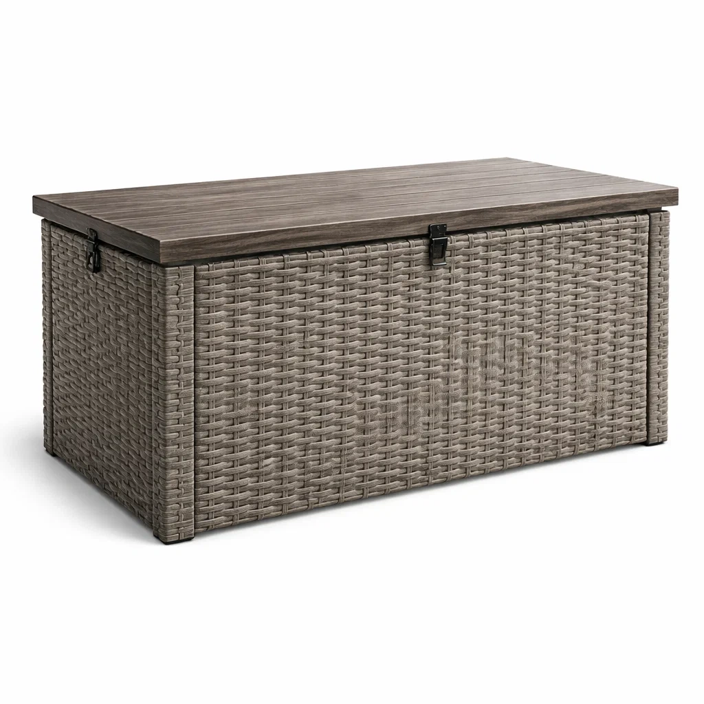 Contenitore da giardino in rattan sintetico con coperchio in legno grigio-TRENDYNESTLIVING