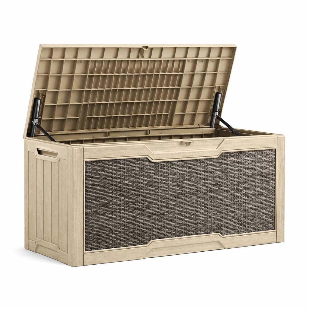 Contenitore in plastica effetto rattan con coperchio incernierato beige 120x45x60 cm-TRENDYNESTLIVING