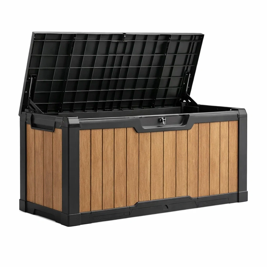 Contenitore da giardino in resina effetto legno marrone nero 123x53x57 cm-TRENDYNESTLIVING
