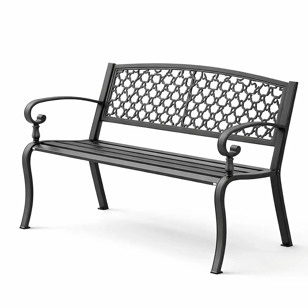 Panchina da giardino in metallo nero con schienale decorativo-TRENDYNESTLIVING