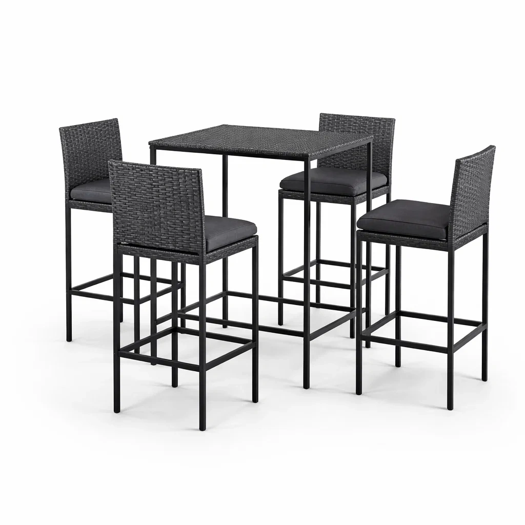 Set da bar in rattan nero con tavolo e 4 sgabelli-TRENDYNESTLIVING