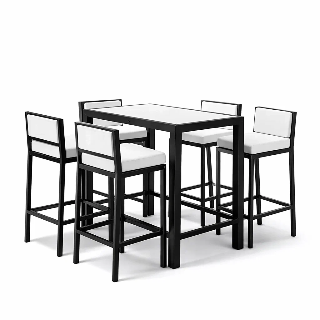 Set da bar con tavolo alto e 4 sgabelli in metallo e pelle sintetica bianco e nero-TRENDYNESTLIVING