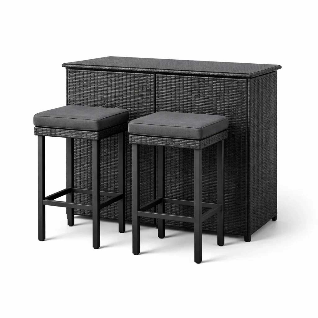 Set da bar in rattan nero con 2 sgabelli-TRENDYNESTLIVING