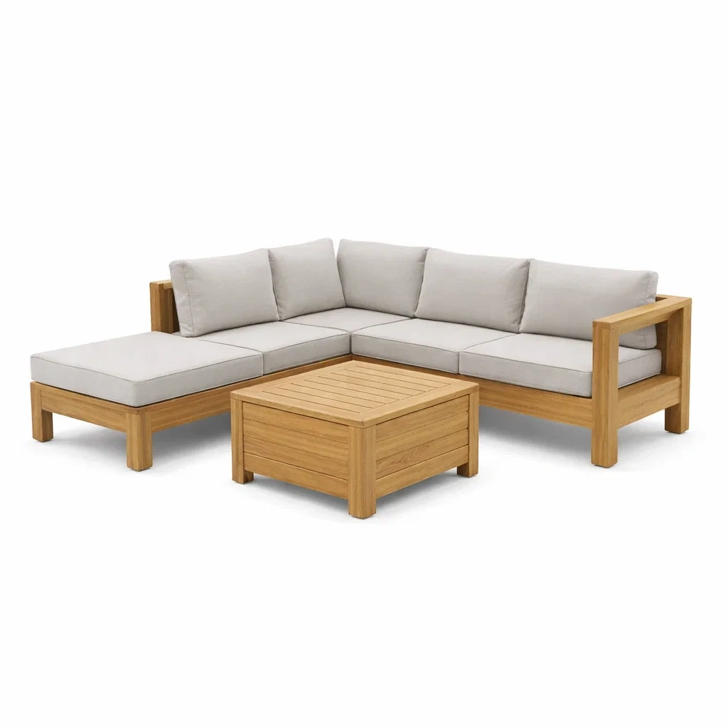 Set di divano angolare in teak e tessuto beige con tavolino-TRENDYNESTLIVING