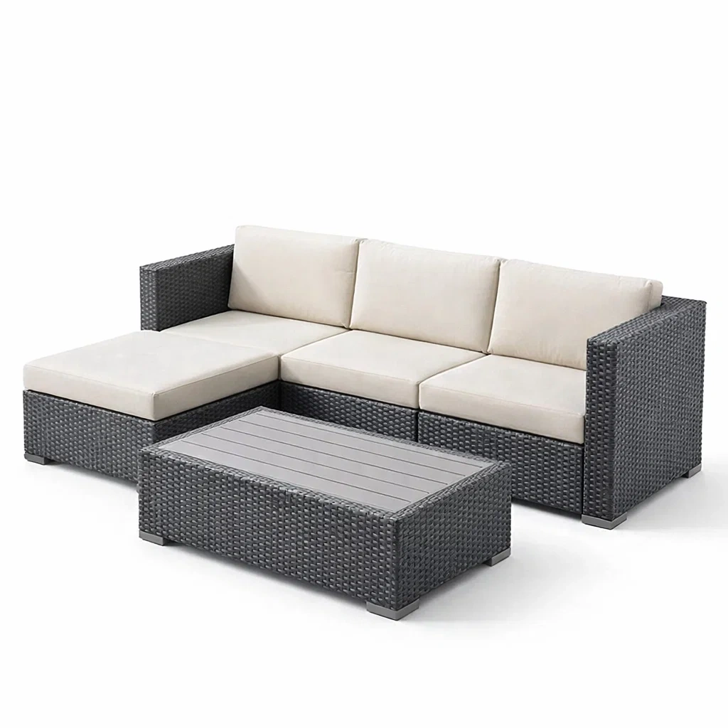 Set di divano angolare da esterno in rattan sintetico con cuscini beige e tavolino-TRENDYNESTLIVING