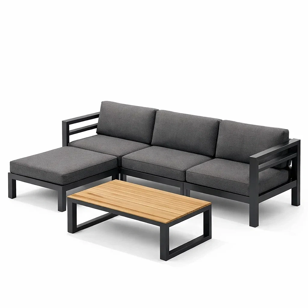 Set di divano angolare da giardino in alluminio e tessuto grigio con tavolino-TRENDYNESTLIVING