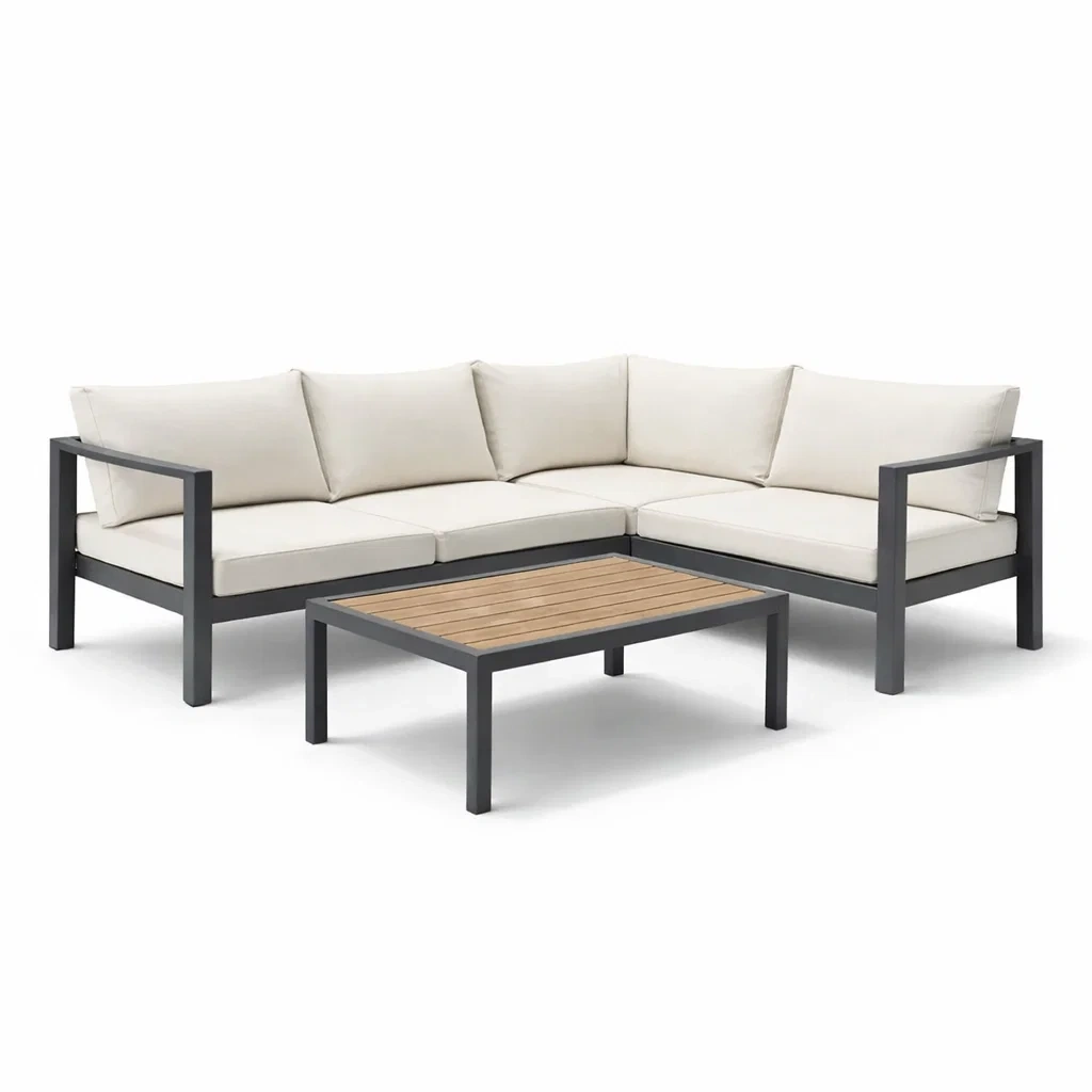 Set di divano angolare da esterno in alluminio con tavolino in teak-TRENDYNESTLIVING