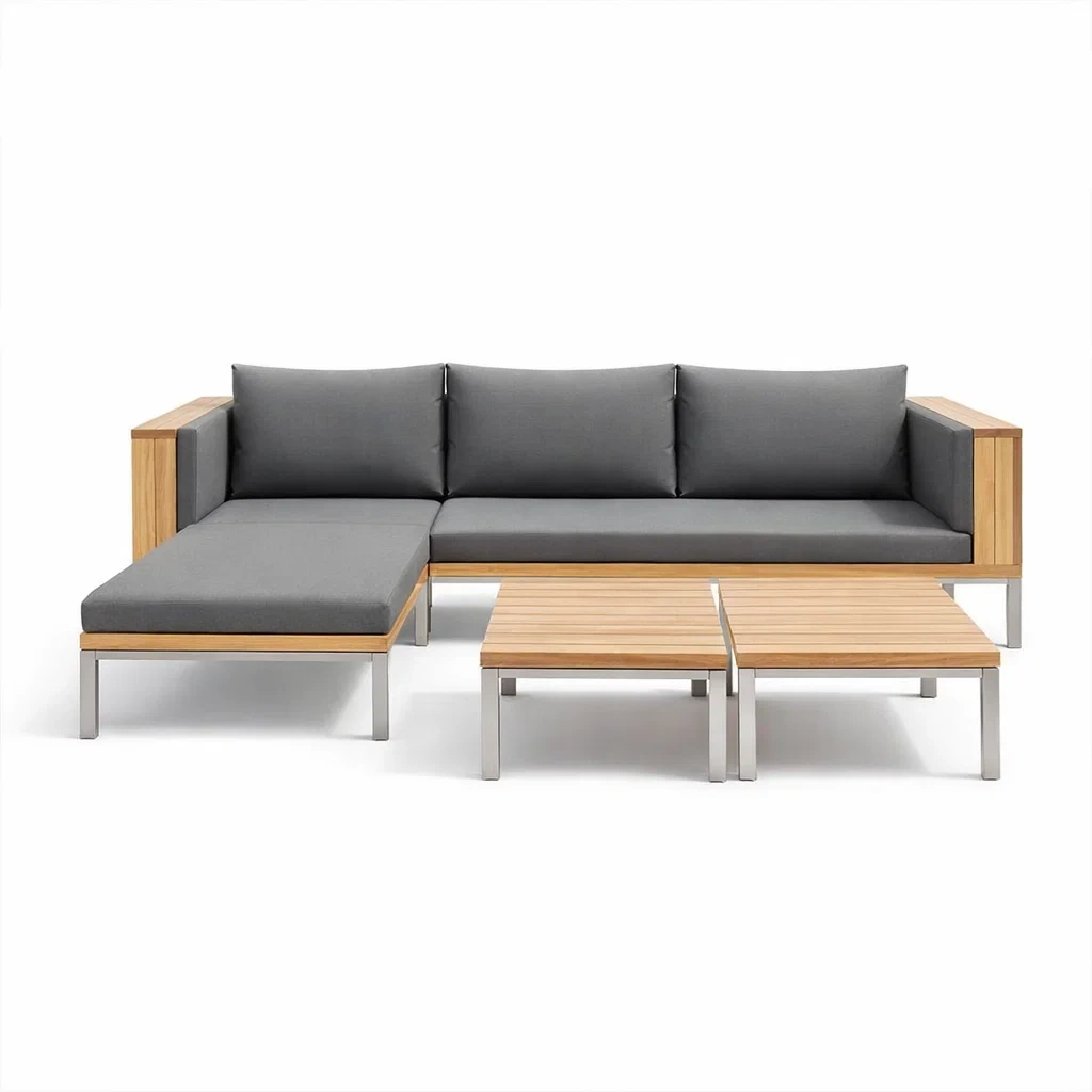 Set di divano modulare da esterno in legno metallo e tessuto grigio-TRENDYNESTLIVING