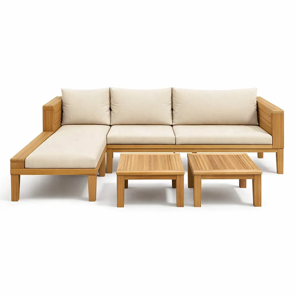 Set di divano angolare in legno teak e tessuto beige con tavolini-TRENDYNESTLIVING
