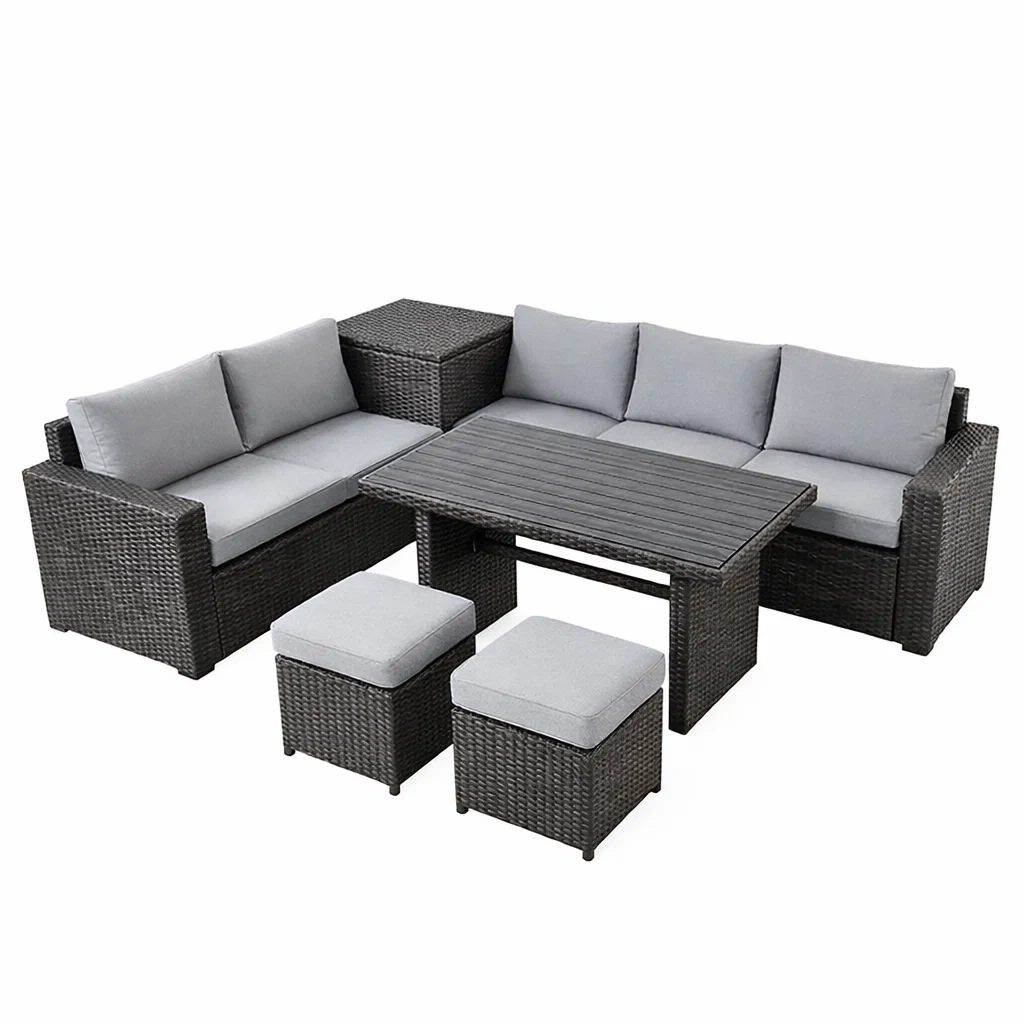 Set di divano da esterno in rattan sintetico con cuscini grigi e tavolo rettangolare-TRENDYNESTLIVING