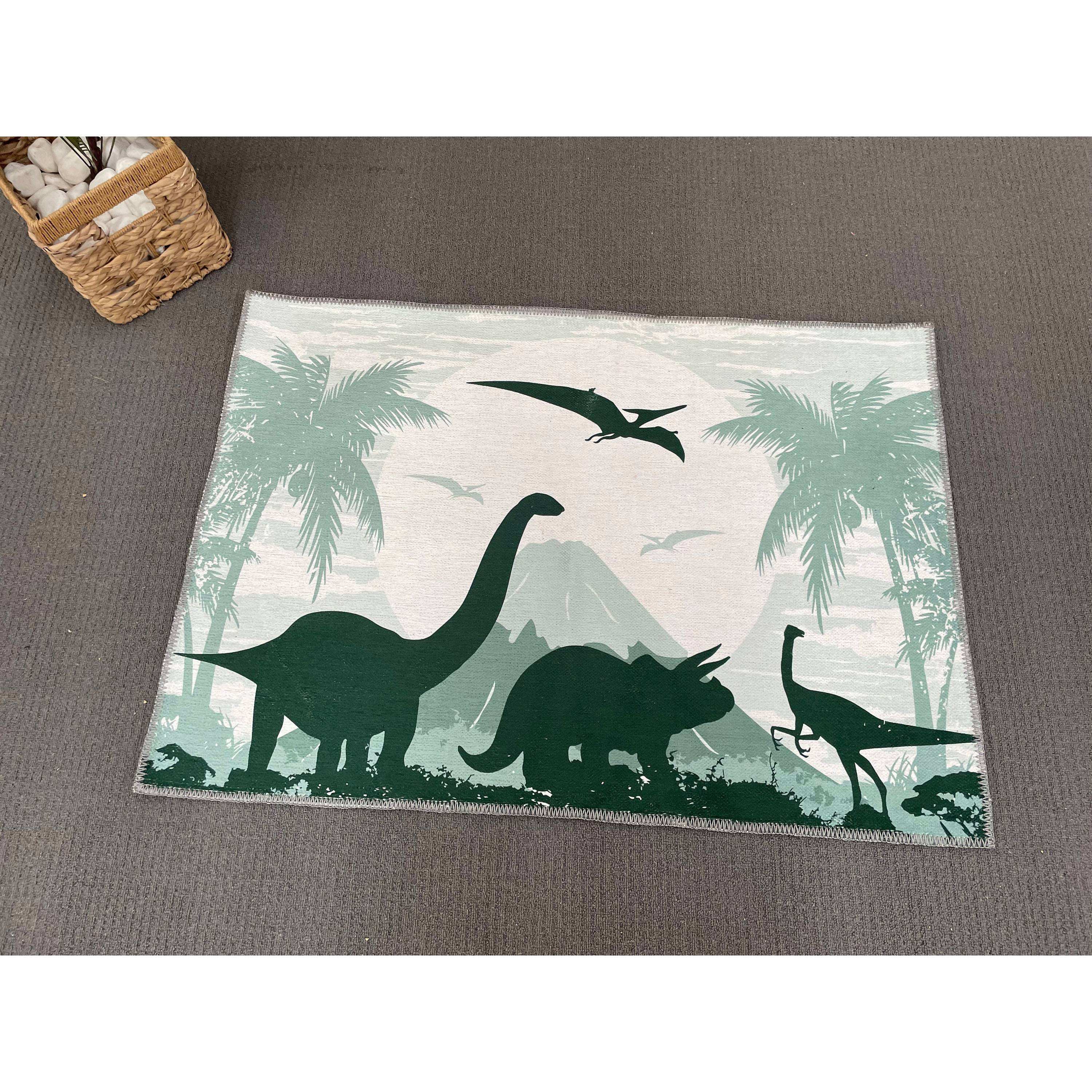 Printed wool rug, children's room and entrance rug, small size, dinosaur patchwork design, eco-friendly, medium plush, rubber backing.