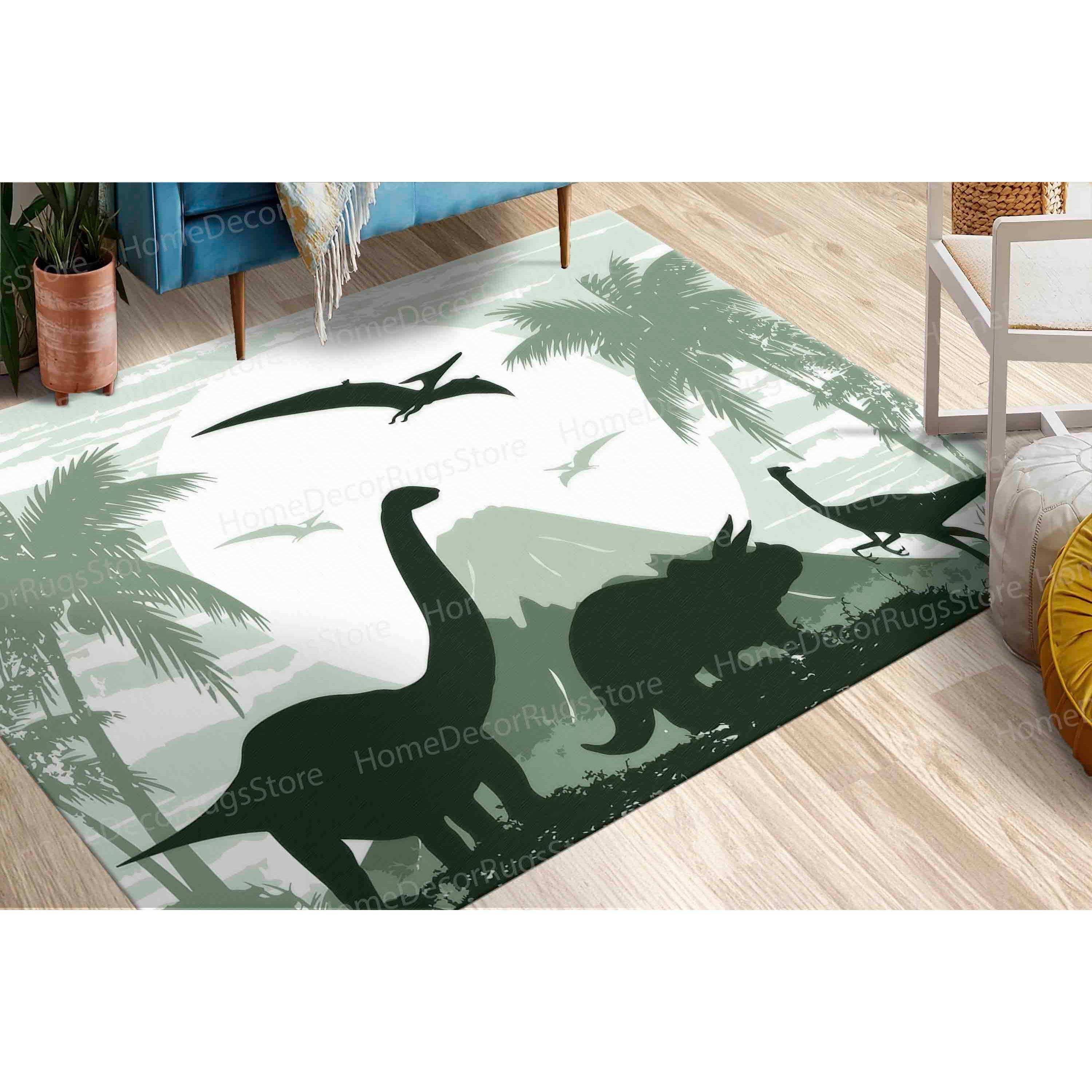 Printed wool rug, children's room and entrance rug, small size, dinosaur patchwork design, eco-friendly, medium plush, rubber backing.