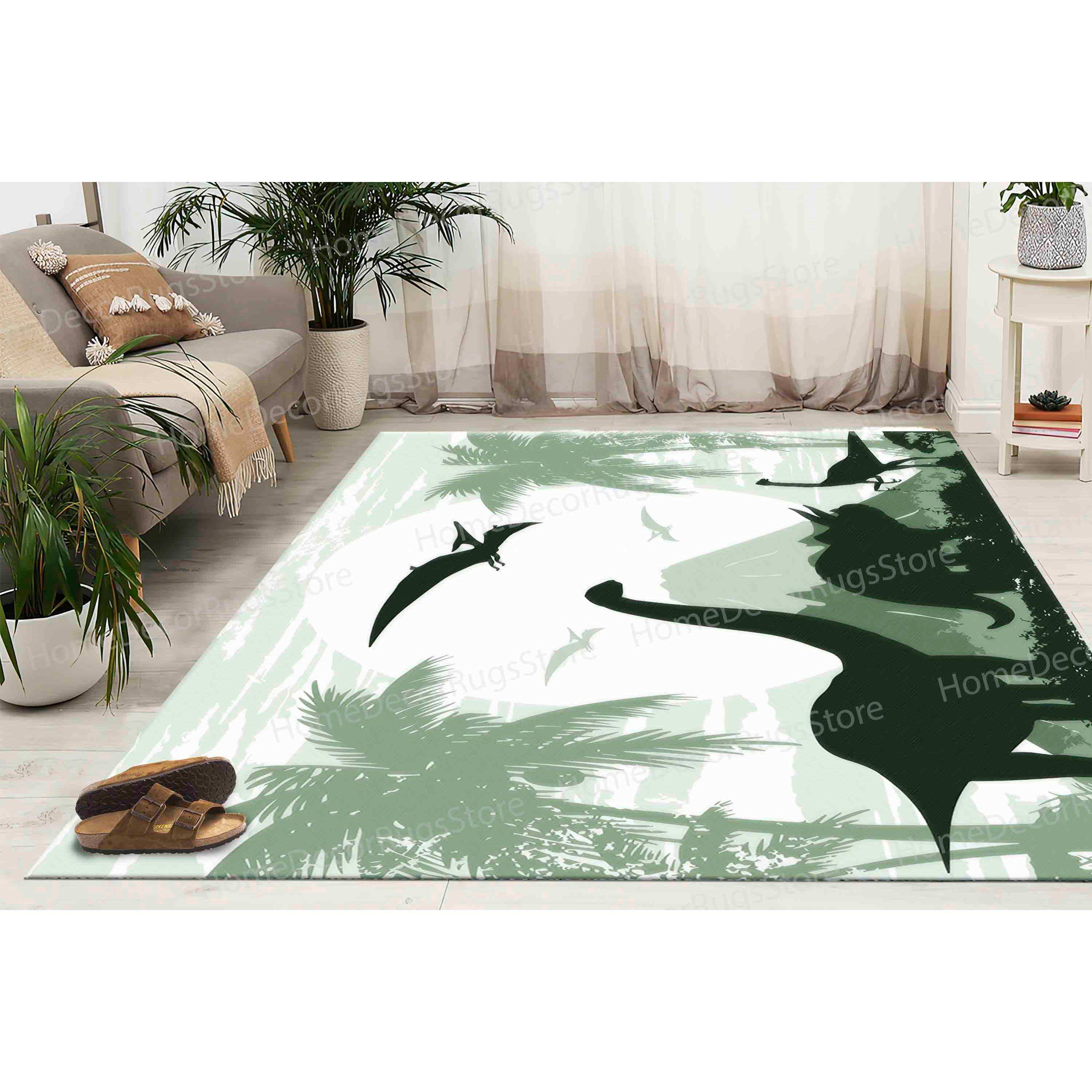 Printed wool rug, children's room and entrance rug, small size, dinosaur patchwork design, eco-friendly, medium plush, rubber backing.