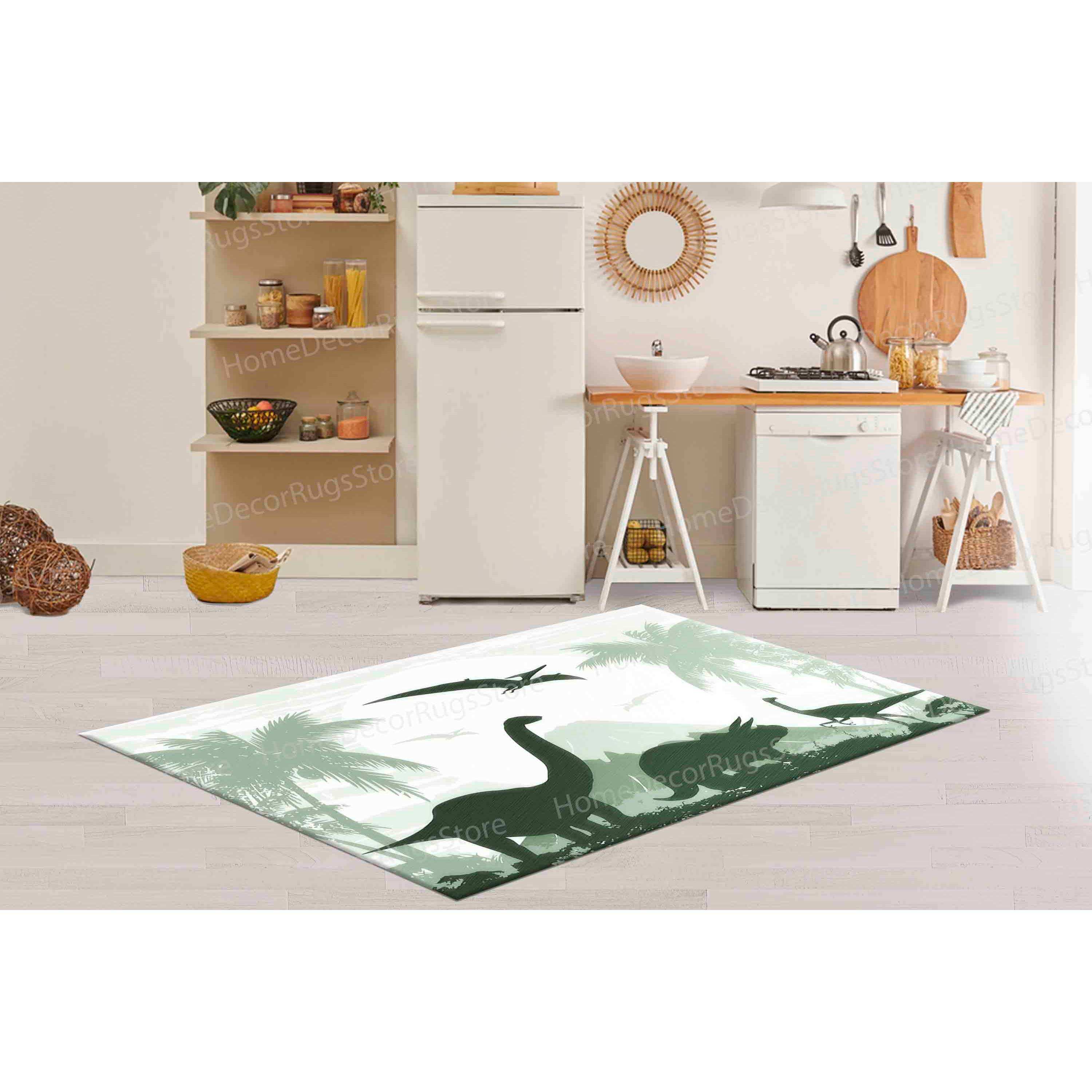 Printed wool rug, children's room and entrance rug, small size, dinosaur patchwork design, eco-friendly, medium plush, rubber backing.