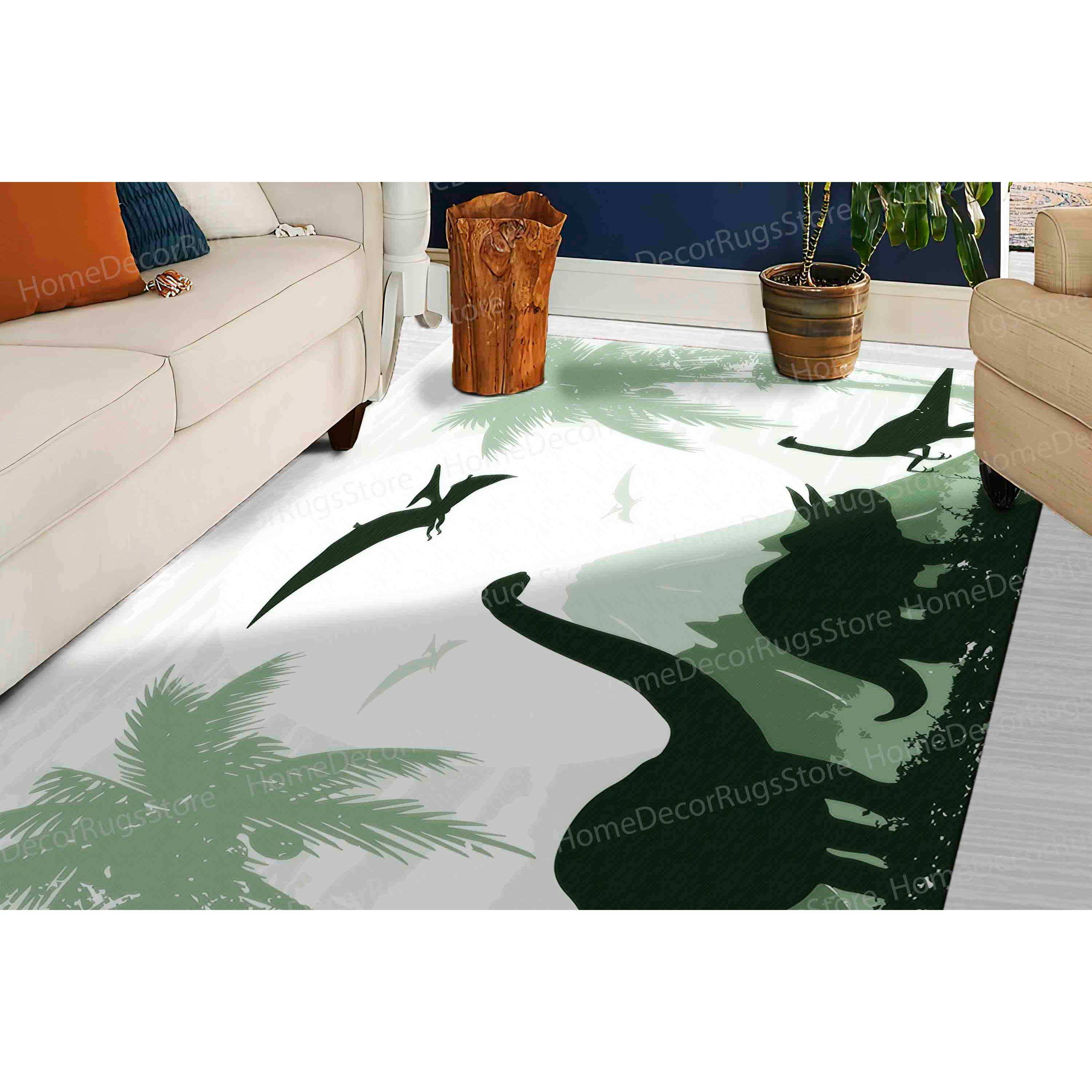 Printed wool rug, children's room and entrance rug, small size, dinosaur patchwork design, eco-friendly, medium plush, rubber backing.