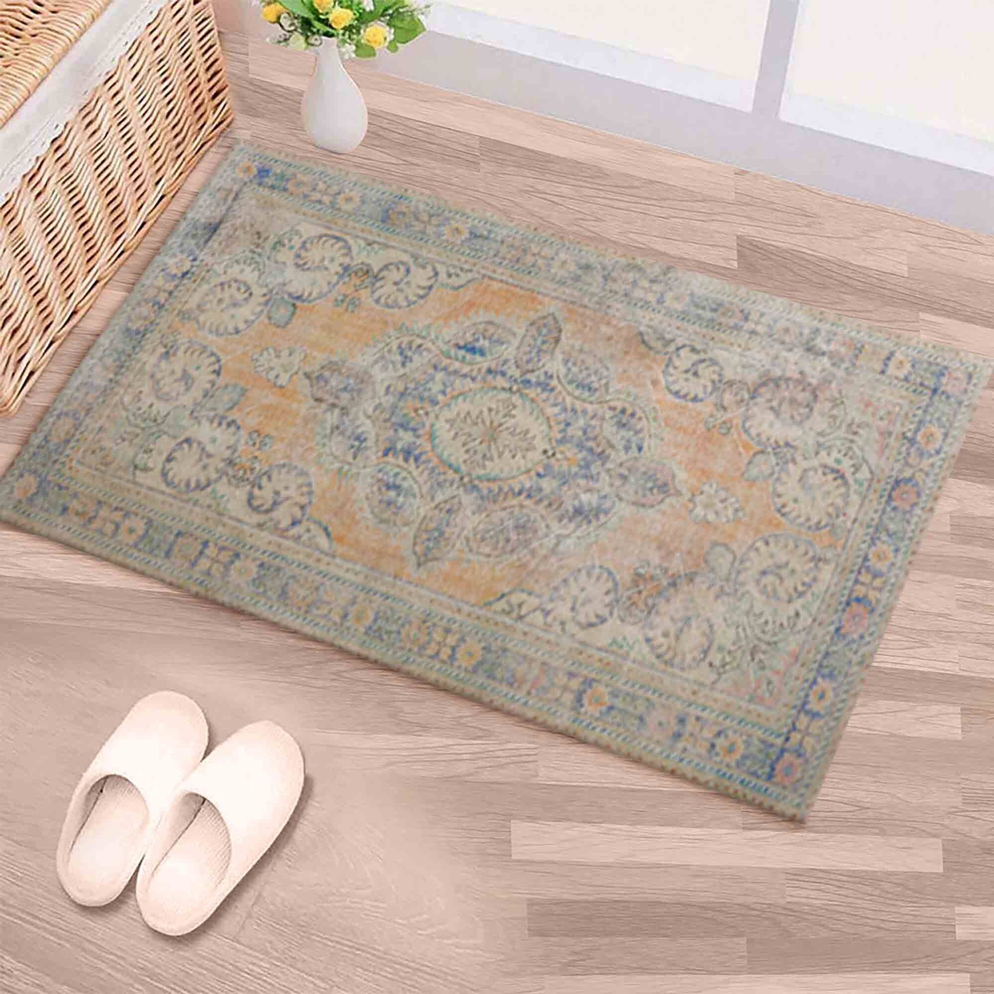 Mustard-colored rug, printed rug for office decor, small soft salon rug, plush soft rug