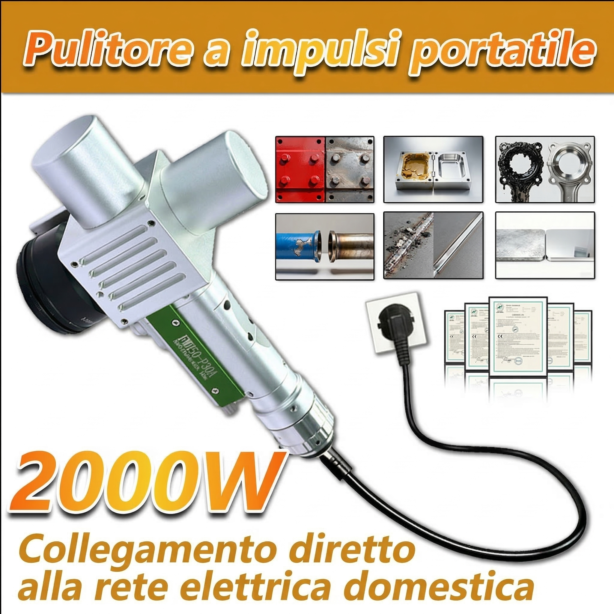 Una macchina utilizzata per la rimozione di ruggine, vernice e strati di ossido. Macchina per la pulizia laser a fibra pulsata.