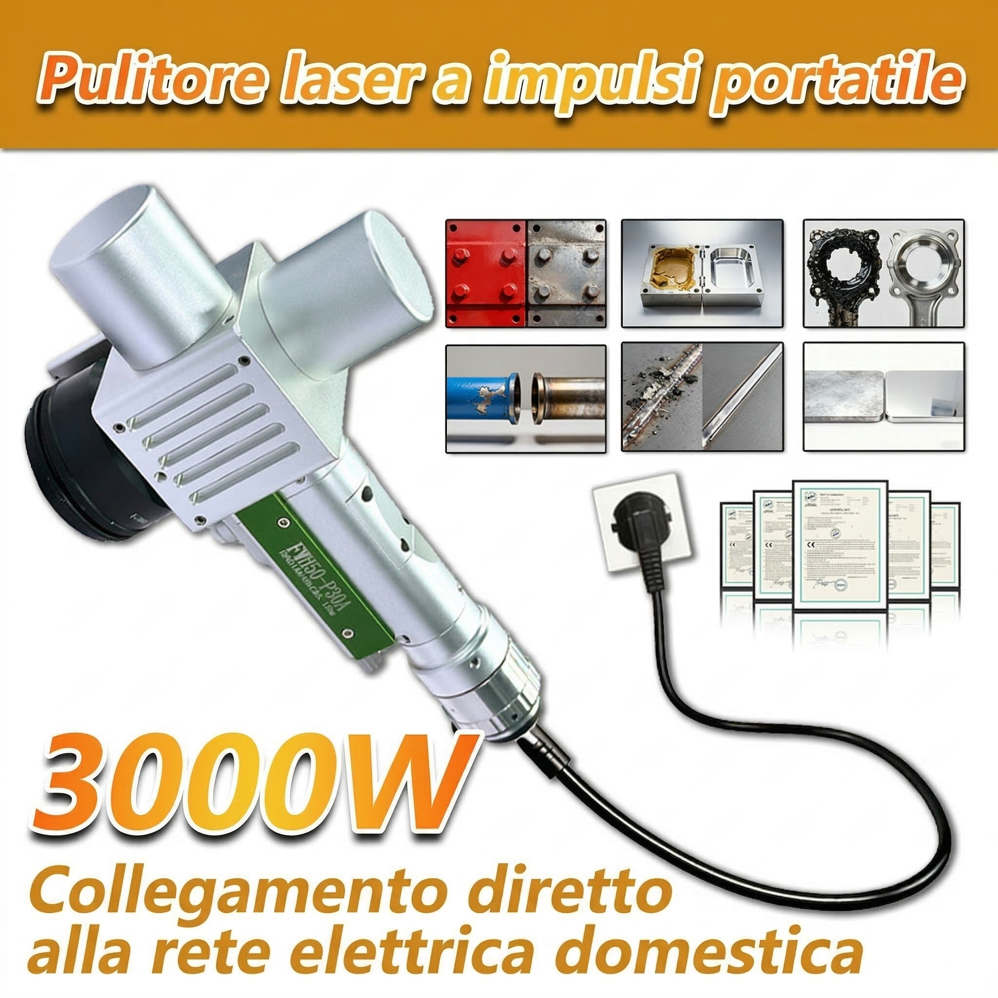 Una macchina utilizzata per la rimozione di ruggine, vernice e strati di ossido. Macchina per la pulizia laser a fibra pulsata.