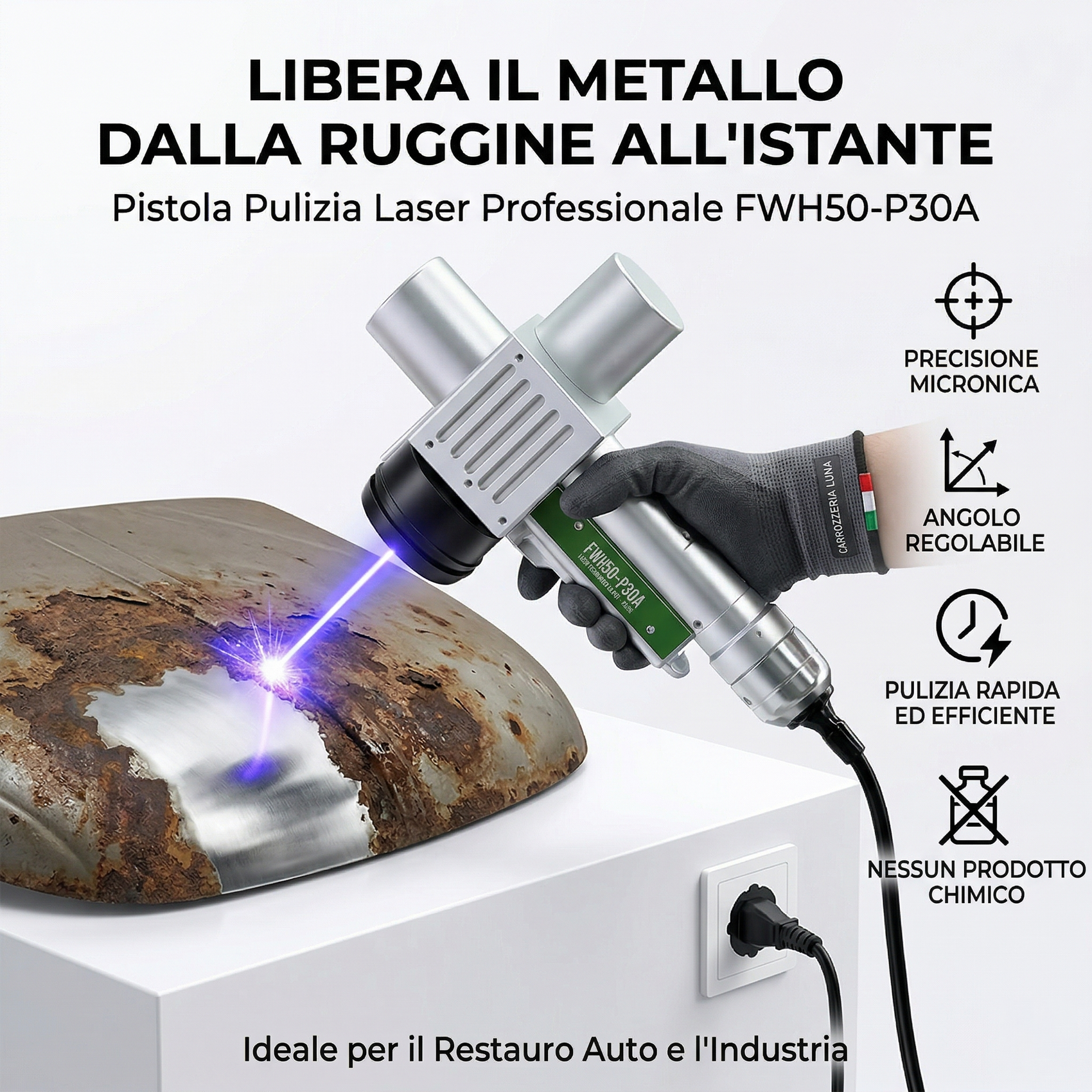 Una macchina utilizzata per la rimozione di ruggine, vernice e strati di ossido. Macchina per la pulizia laser a fibra pulsata.
