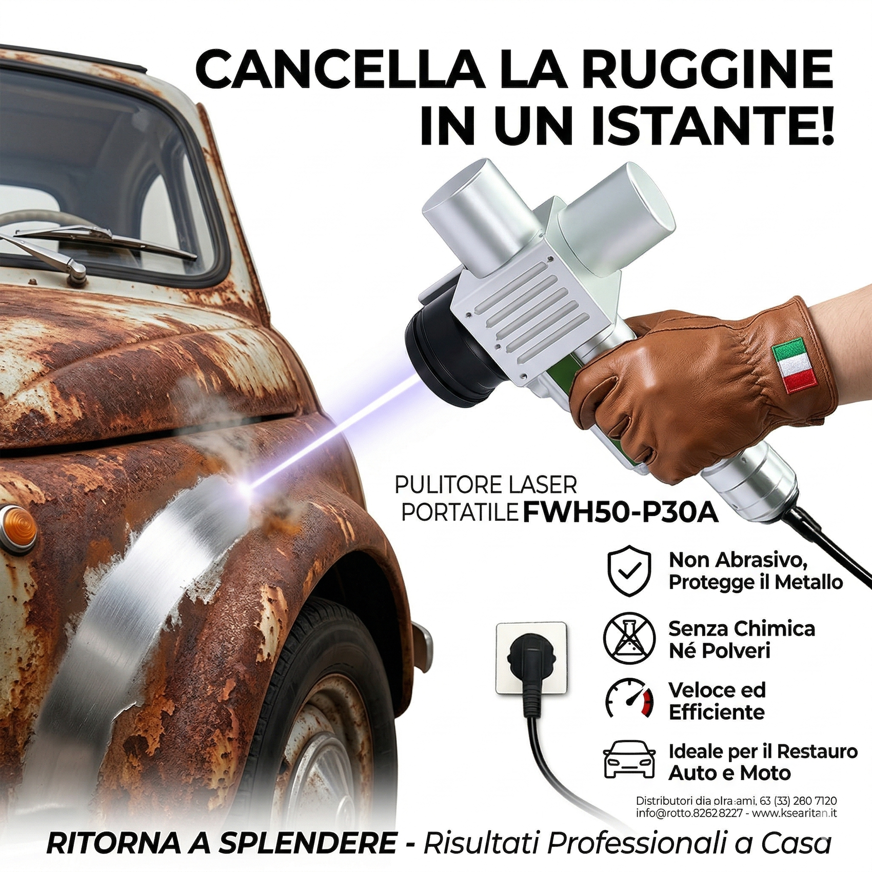 Una macchina utilizzata per la rimozione di ruggine, vernice e strati di ossido. Macchina per la pulizia laser a fibra pulsata.