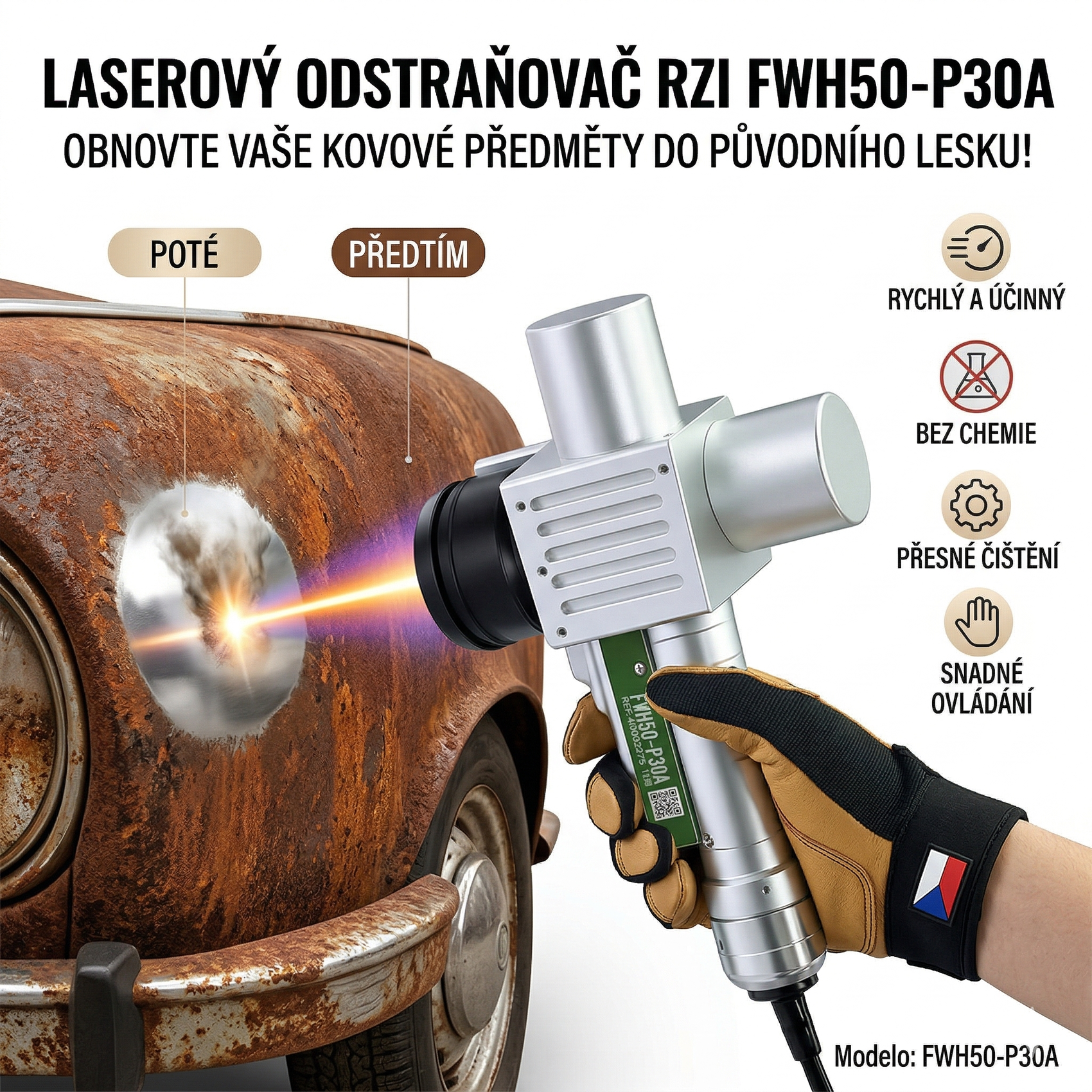 Ruční pulzní čistič FWH50-P30A: Podporuje 11 různých 7úrovňových čisticích programů, což umožňuje snadné přepínání mezi různými režimy čištění.
