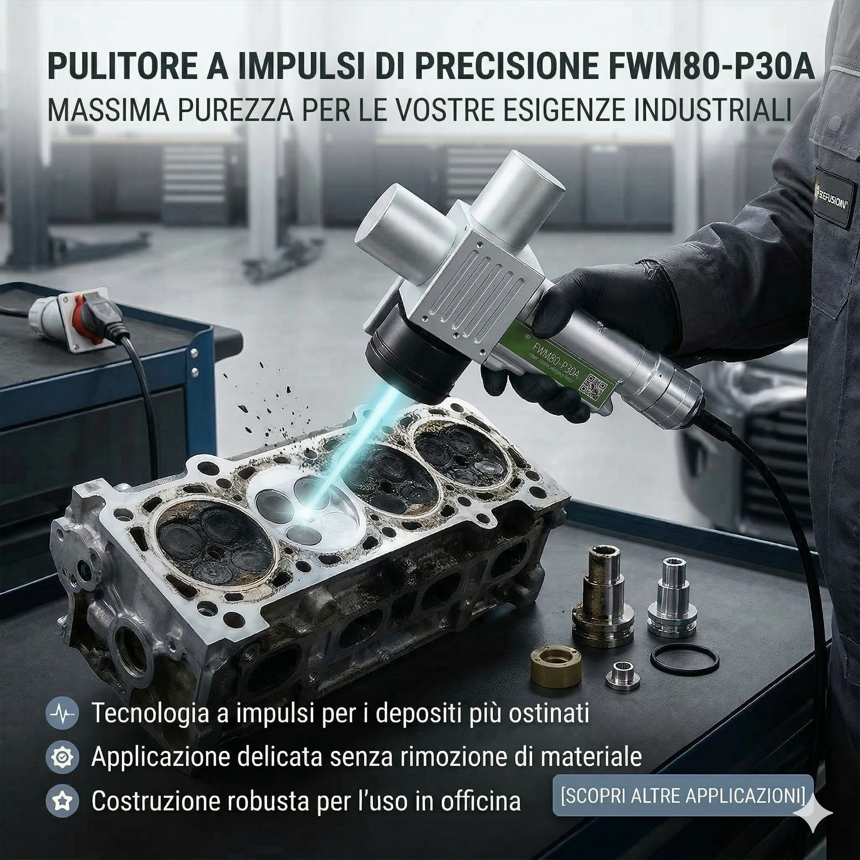 Una macchina utilizzata per la rimozione di ruggine, vernice e strati di ossido. Macchina per la pulizia laser a fibra pulsata.