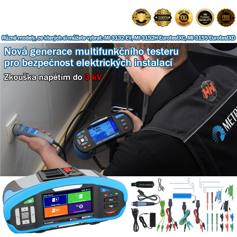 multifunkční elektrický tester, skutečná efektivní hodnota (TRMS), proudový chránič (RCD), tester izolace.