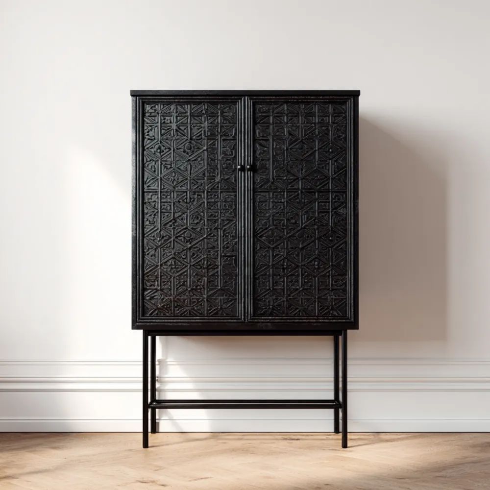 Armadio alto in legno intagliato 120x40x160 cm - Nero - Design etnico