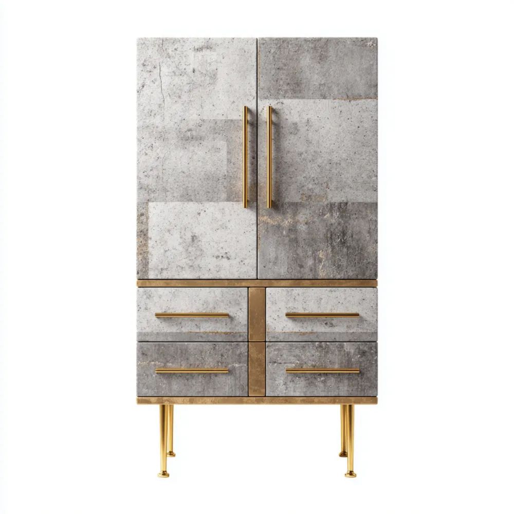 Armadio portaoggetti in metallo effetto cemento 180x90x50 cm - Grigio/Oro - Design moderno