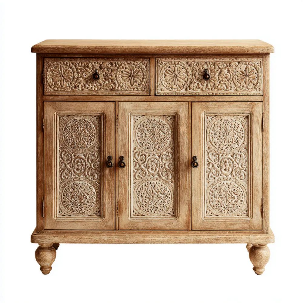 Credenza in Legno Intagliato 100x40x85 cm – Naturale – Design Rustico