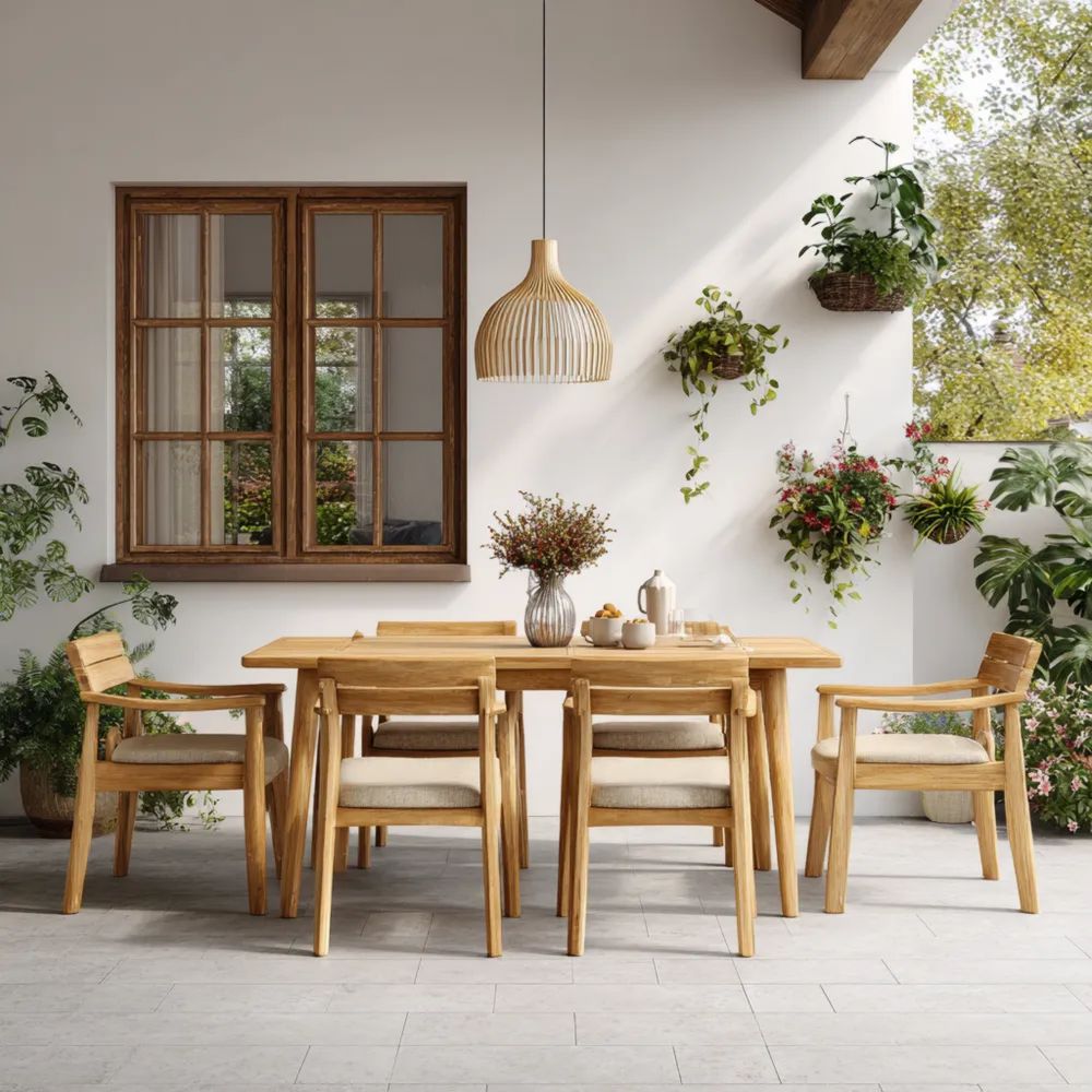 Set tavolo e sedie da esterno in legno massello 150x90x85 cm – Colore Naturale