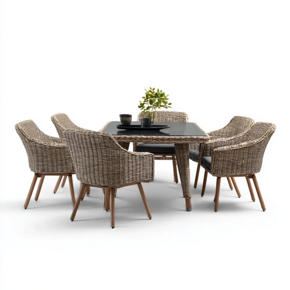 Set tavolo e sedie da esterno in rattan sintetico 150x90x75 cm - Colore Naturale - Design contemporaneo