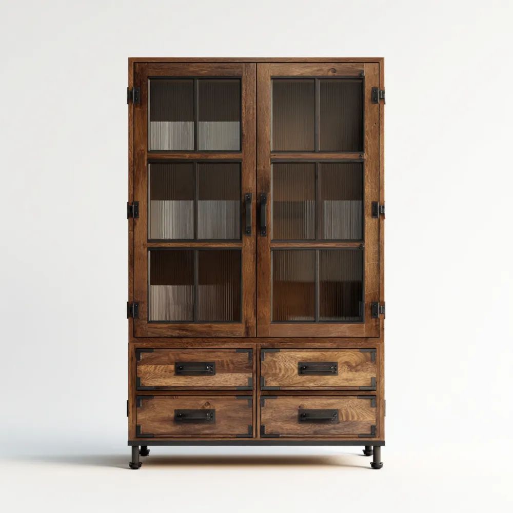 Credenza Vetrina in Legno Massello con Ante in Vetro 180x120x40 cm - Stile Industriale