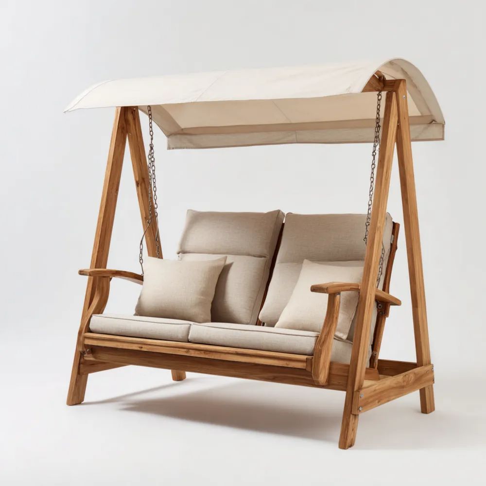 Altalena da giardino in legno 150x120x170 cm con cuscini – Beige