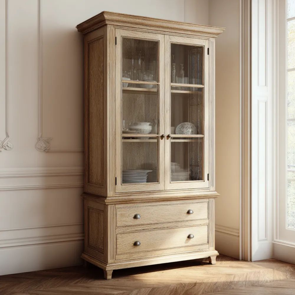 Vetrina in Legno Massello con Ante in Vetro 180x90x40 cm - Colore Naturale