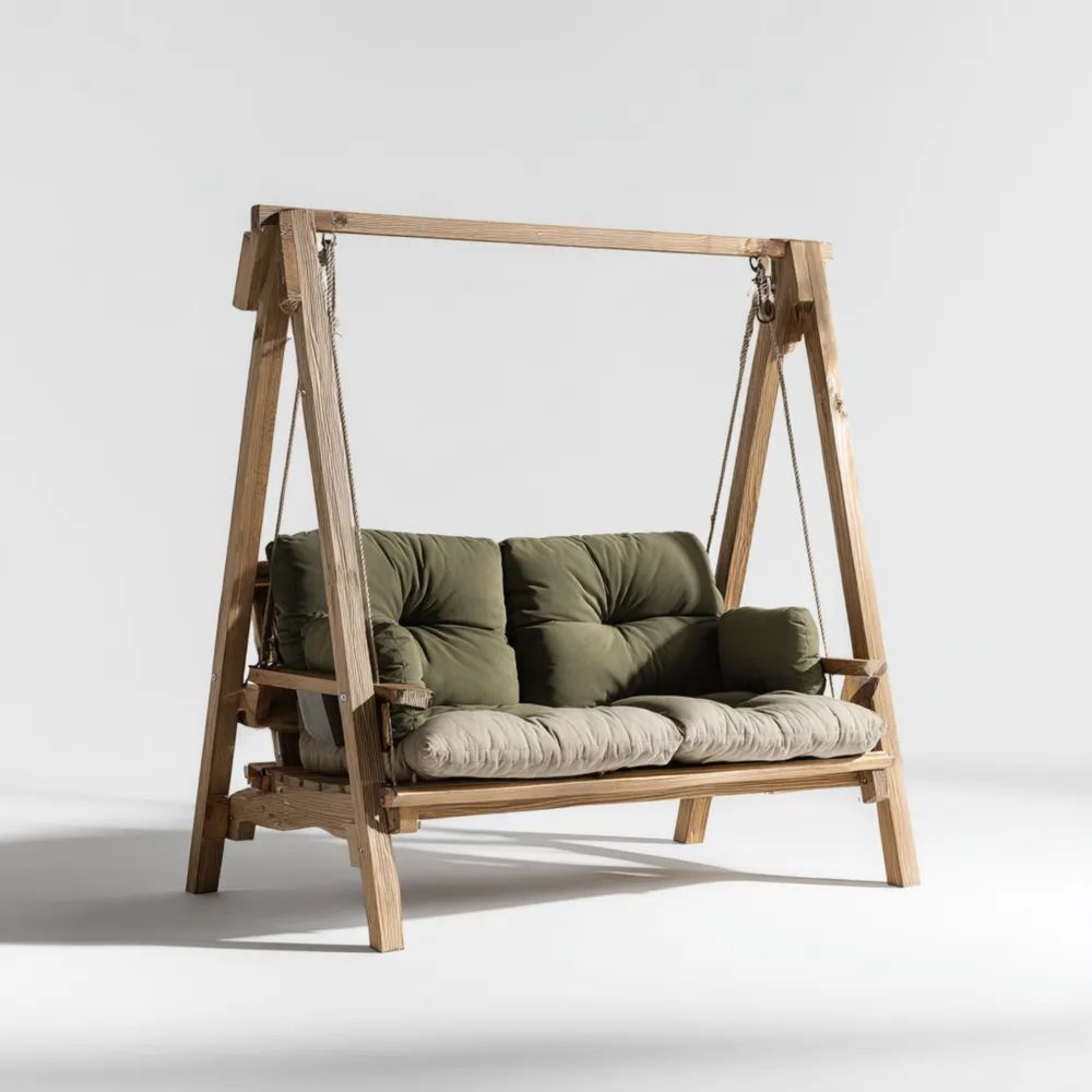 Altalena da giardino in legno 3 posti - 200x150x120 cm - Cuscini Verde/Crema