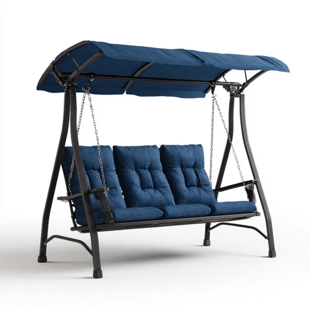 Dondolo da Giardino con Cuscini Blu Acciaio 3 Posti 200x120x170 cm - Design Moderno
