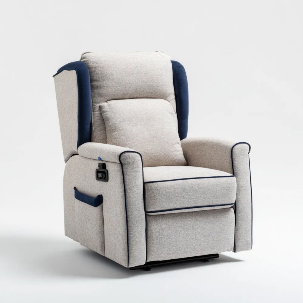 Poltrona Relax Tessuto 85x90x105 cm - Beige/Blu - Design Ergonomico