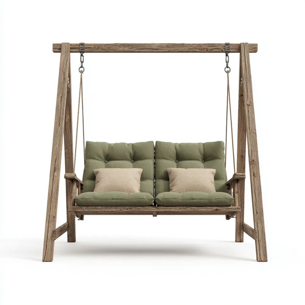Altalena da giardino in legno 160x120x200 cm con cuscini Verde Oliva - Design rustico