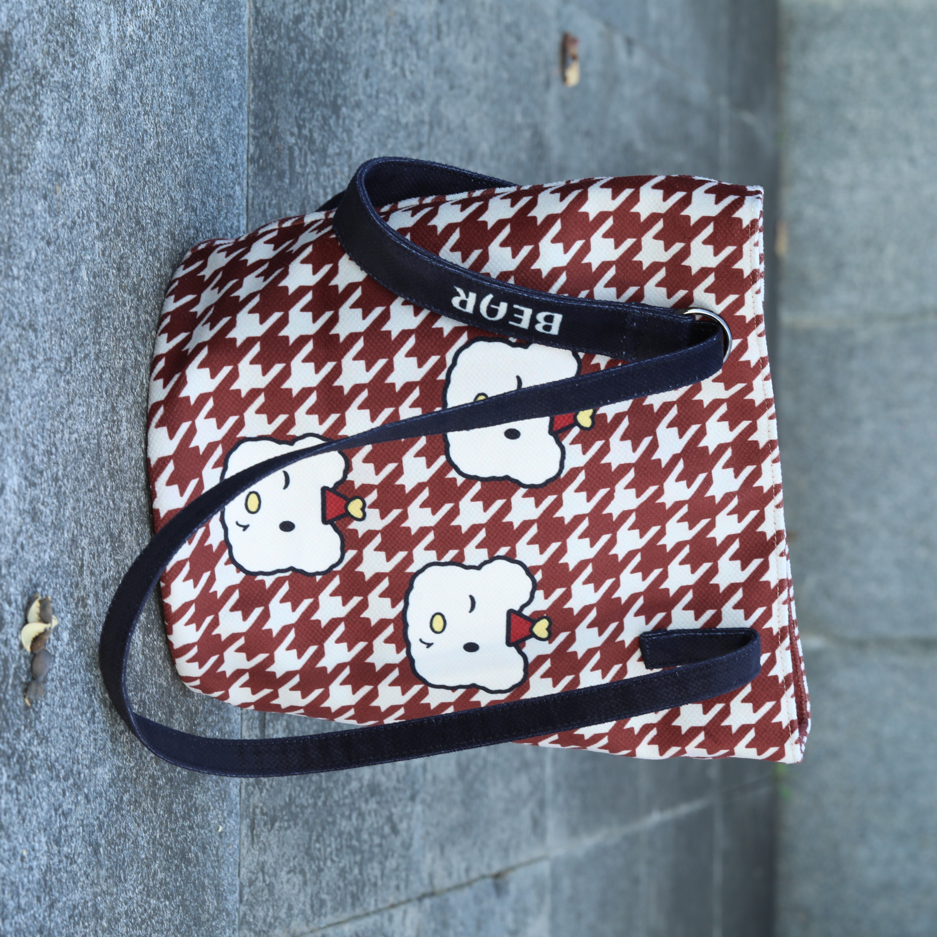 Cute Red Plaid Tote Bag with Cartoon Print