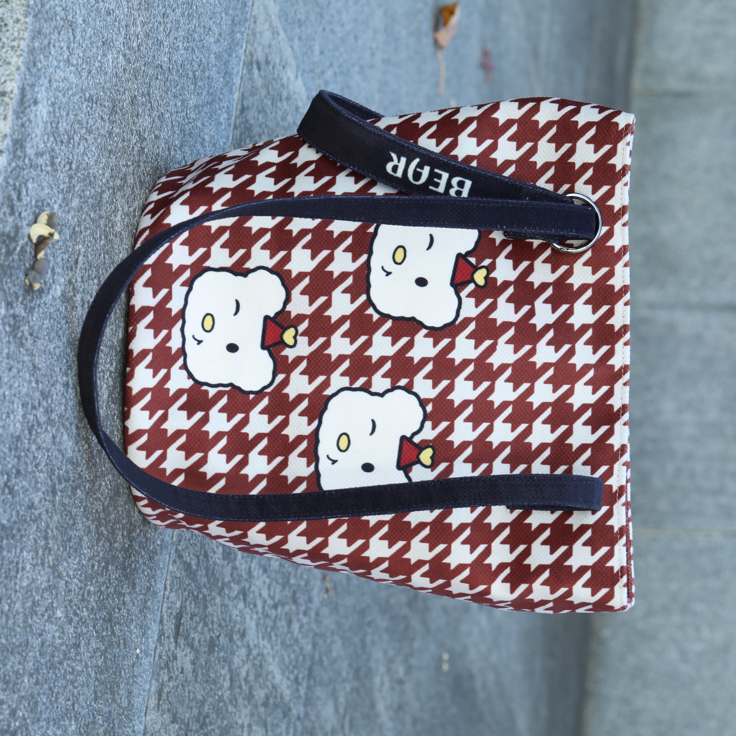 Cute Red Plaid Tote Bag with Cartoon Print