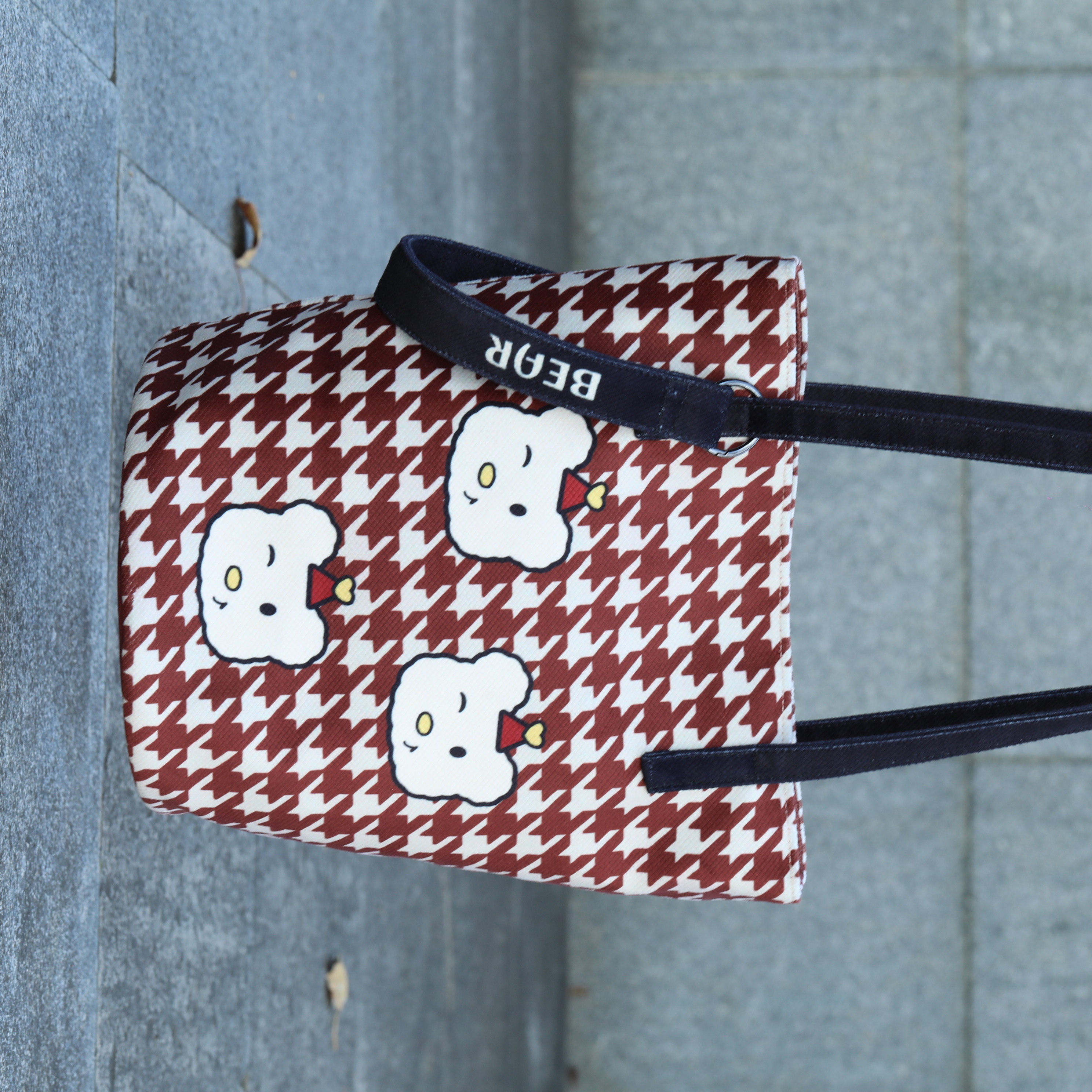 Cute Red Plaid Tote Bag with Cartoon Print