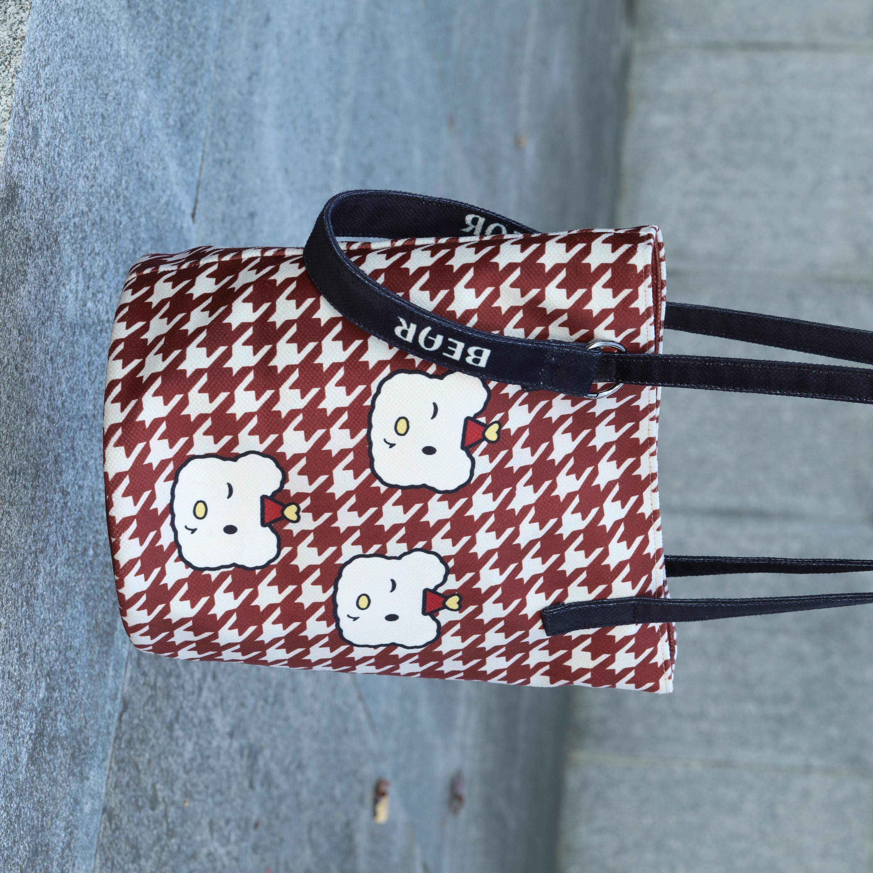 Cute Red Plaid Tote Bag with Cartoon Print