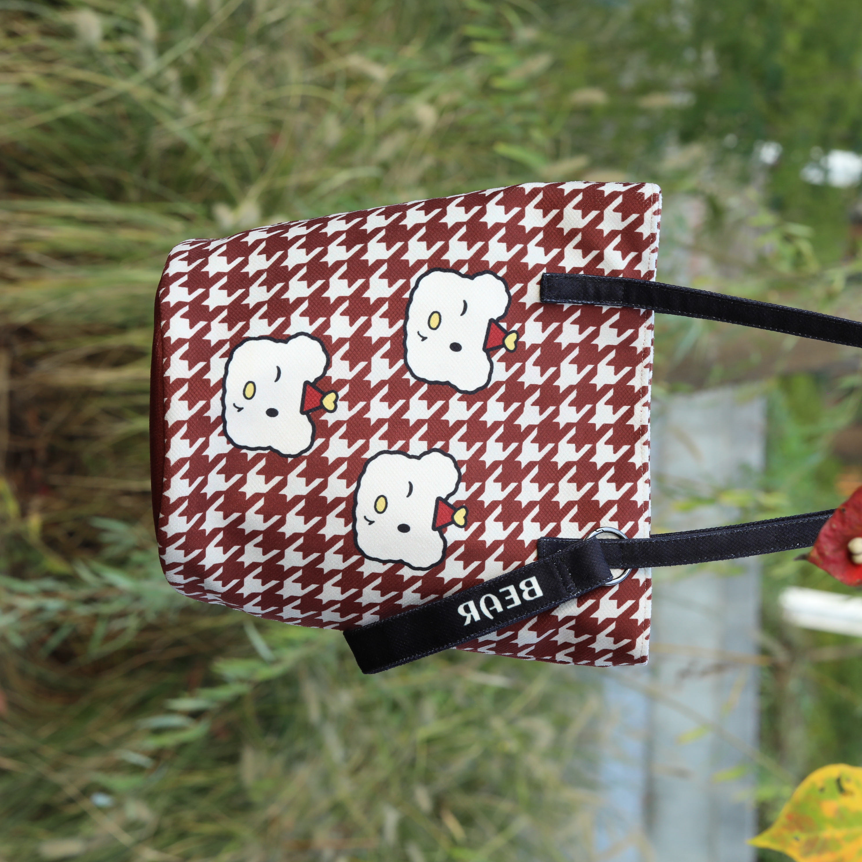 Cute Red Plaid Tote Bag with Cartoon Print