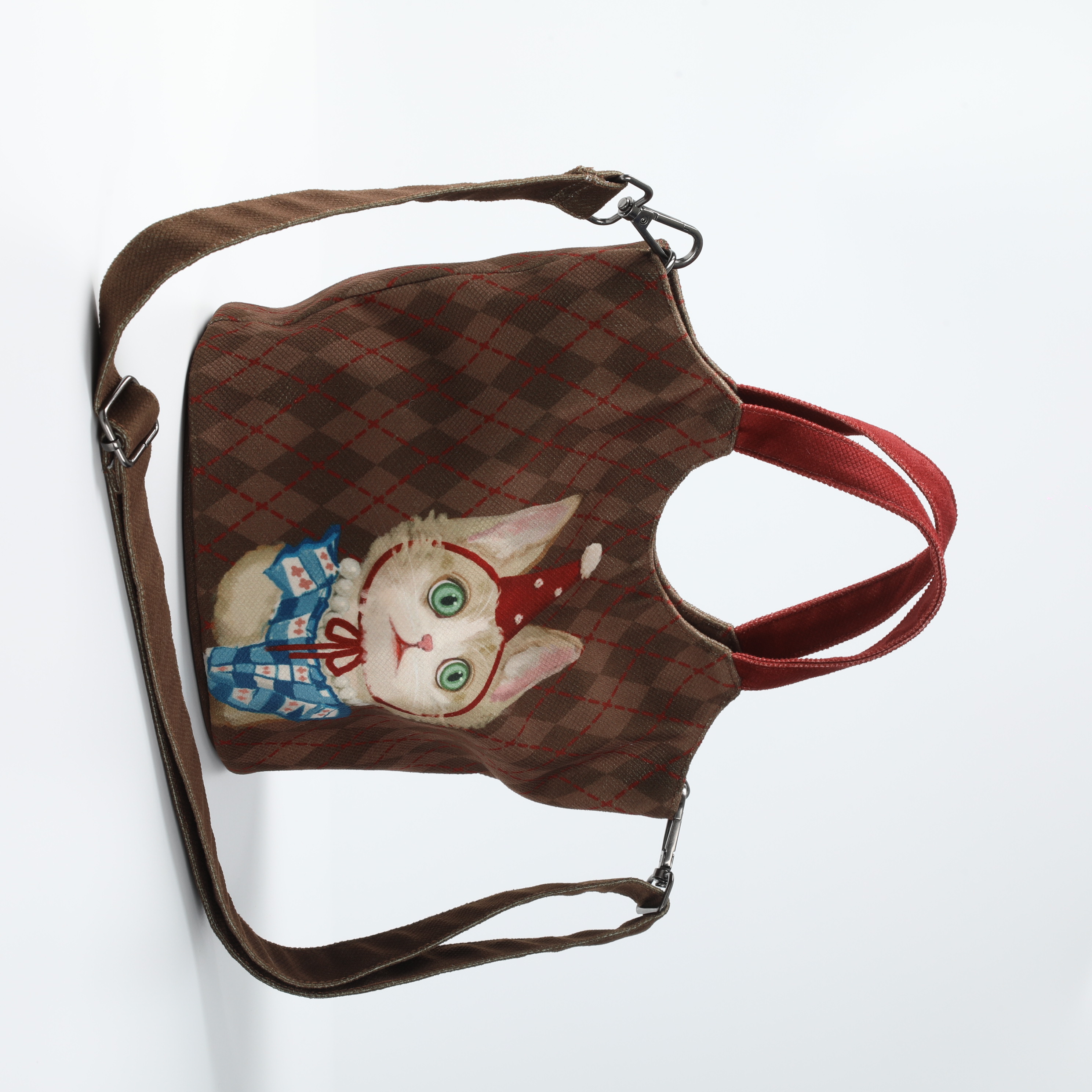 Vintage Brown Plaid Tote Bag with Cat Embroidery