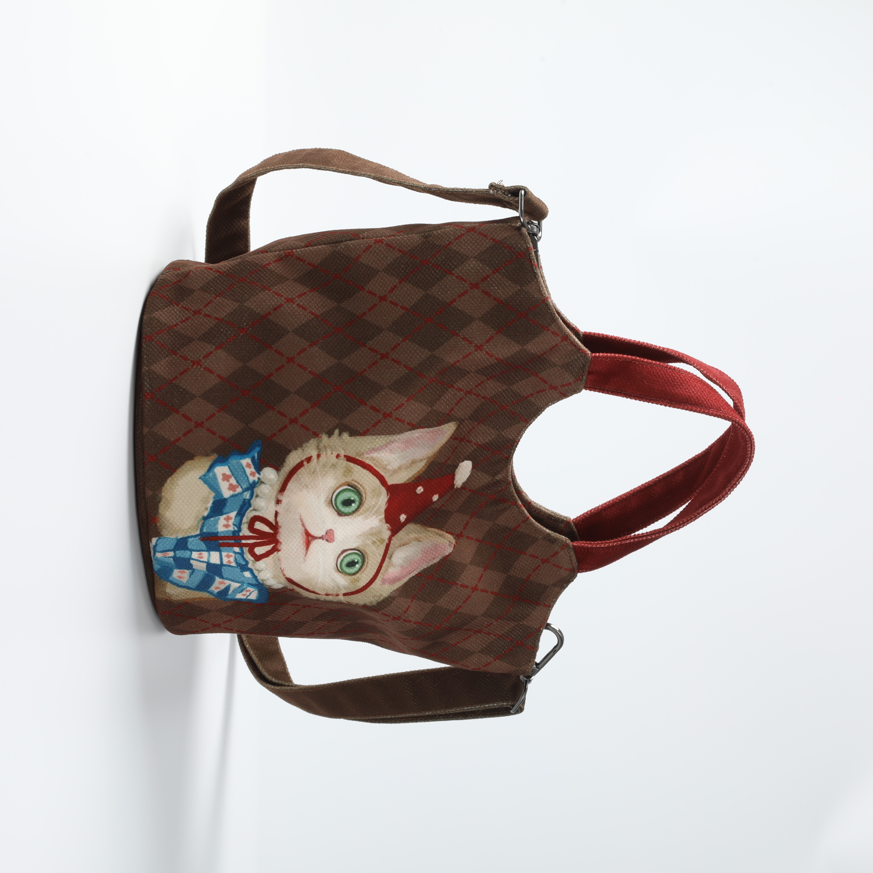 Vintage Brown Plaid Tote Bag with Cat Embroidery